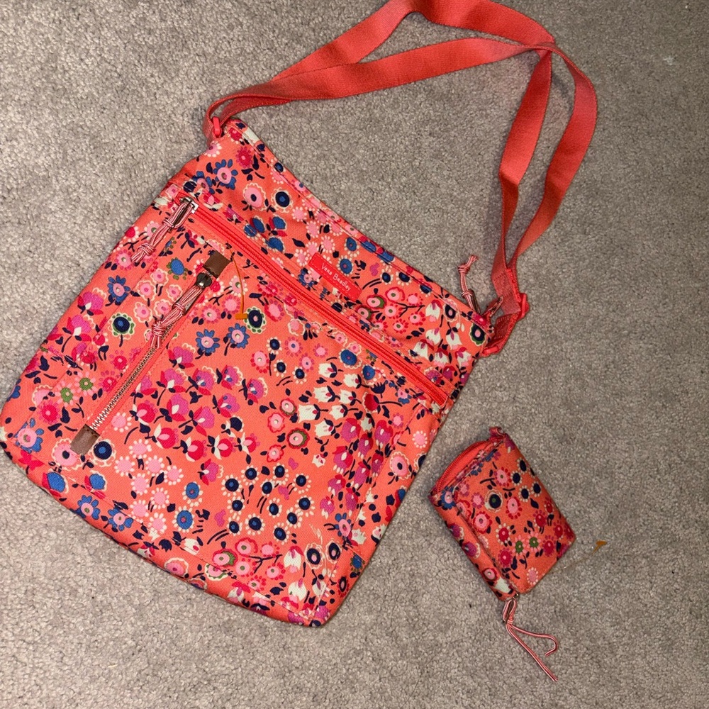 Floral Crossbody Bag in Coral Pink matching wallet